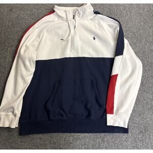 Polo Ralph Lauren Mens 2XL White Navy Red 1/4 Zip Colorblock Pullover Sweater